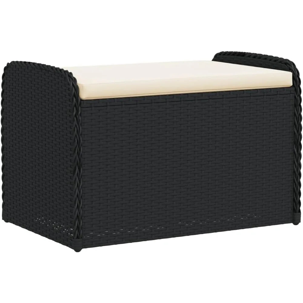 Outdoor Garden Storage Bench with Cushion Weather Resistant Black Poly Rattan
