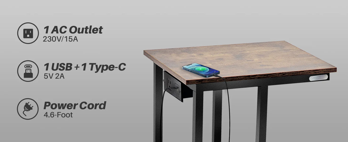C Shaped End Table with Charging Station Rolling Wheels Small Space