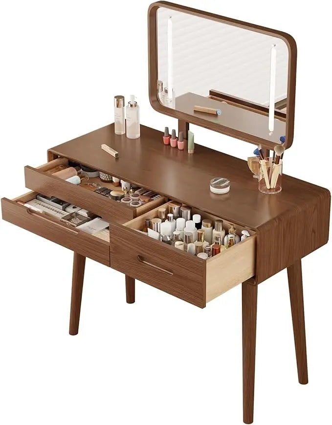 Solid Wood Makeup Vanity Desk with Adjustable LED Mirror Lighting