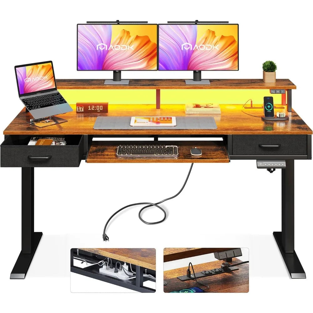 Electric Standing Desk with Drawers Keyboard Tray Power Outlets LED Lights