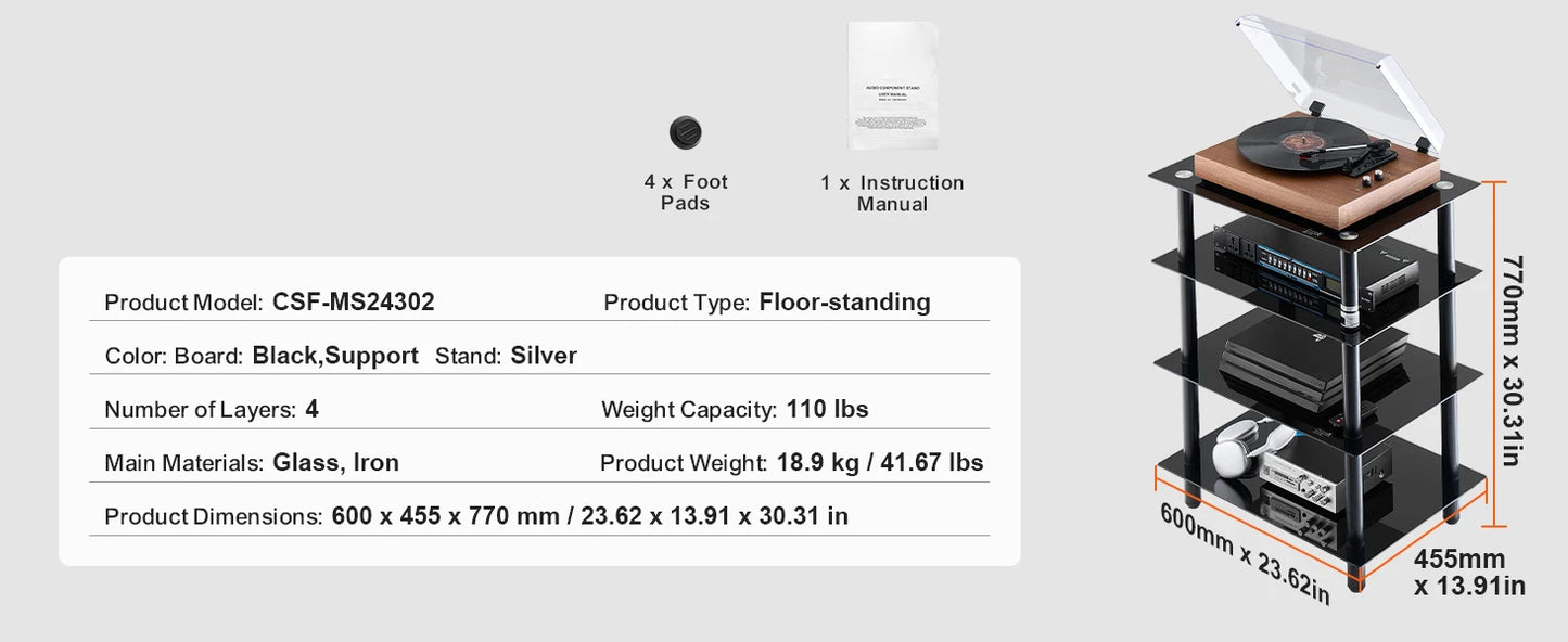 Ljustra 4-Tier AV Media Stand Adjustable Tempered Glass DVD Storage