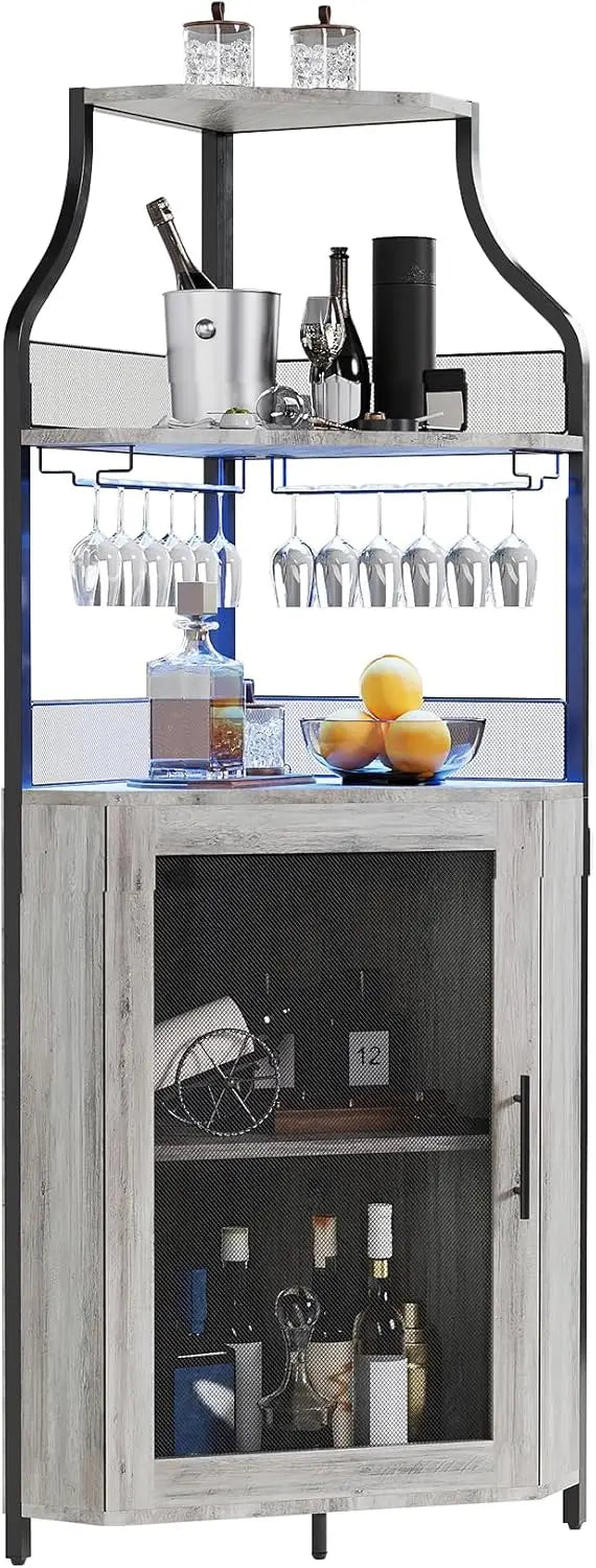 5-Tier Corner Liquor Cabinet LED Wine Bar with Removable Rack Glass Holder