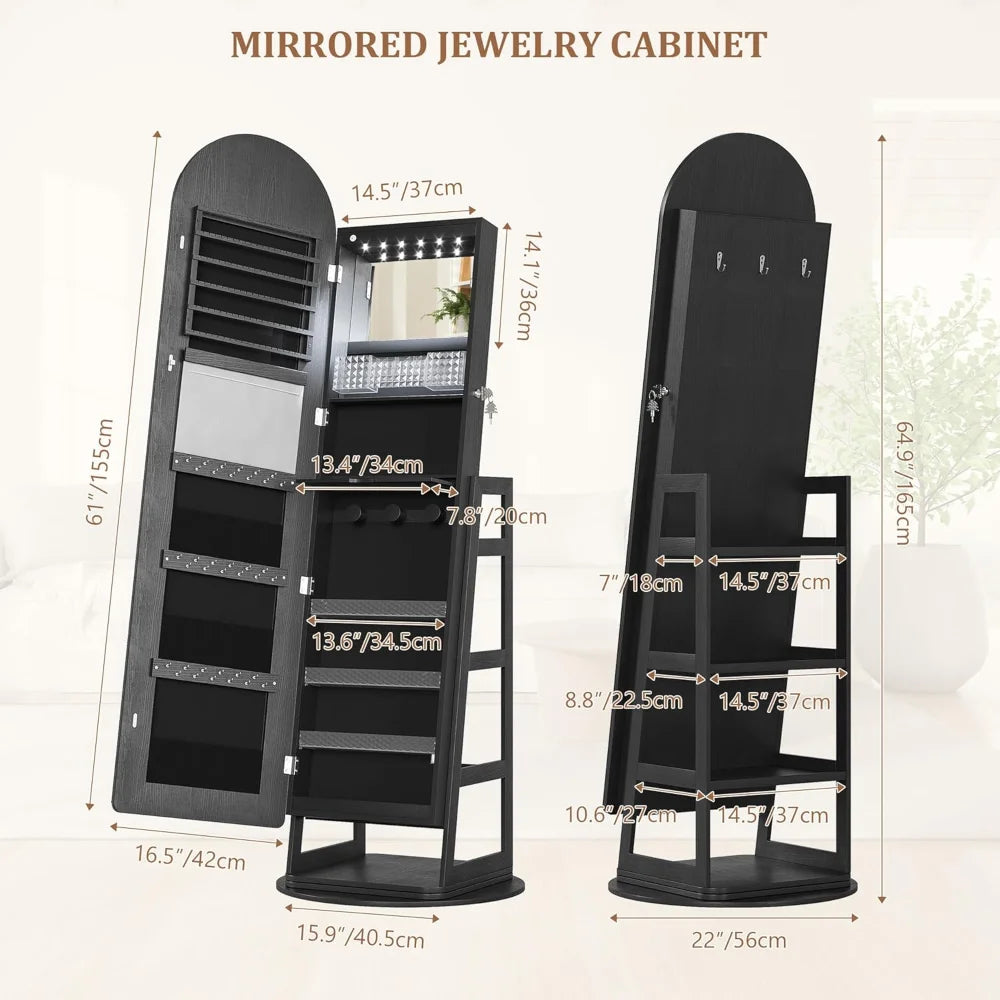 LED Mirror Jewelry Cabinet Lockable Standing Armoire with Adjustable Lights