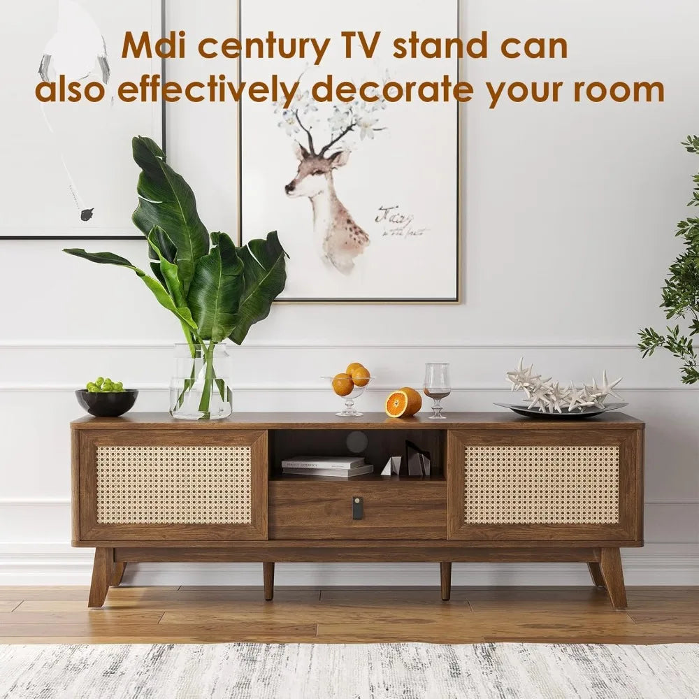 Rattan TV Stand Mid Century Modern Media Console with Drawer and Cabinets