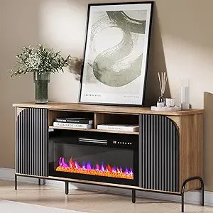 68 Inch Fluted TV Stand with Electric Fireplace Modern Entertainment Center