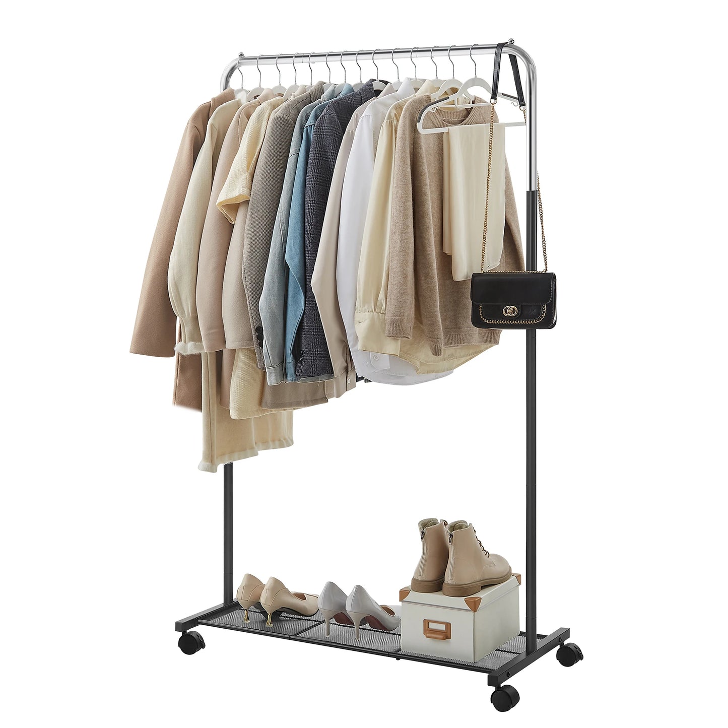 Ljustra Modern Metal Clothes Rack with Wheels and Storage Shelf