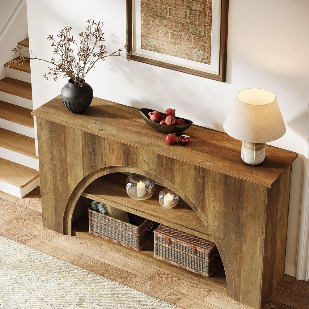 61 Inch Farmhouse Wooden Entryway Table 3 Tier Console Sofa Table