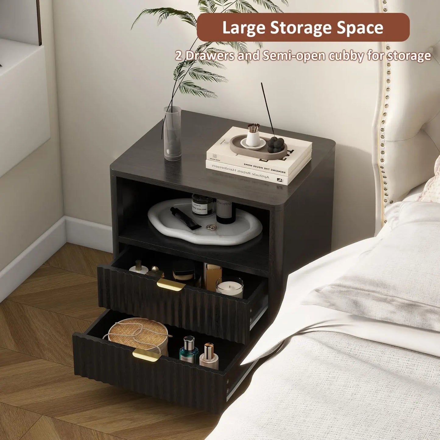 Fluted Nightstands Set of 2 Wooden Bedside Tables Modern Design