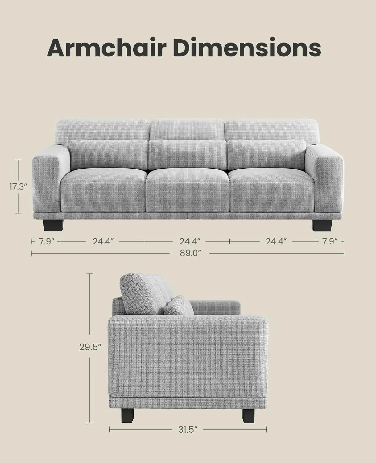 89" 3-Seater Sofa Couch with Deep Seats, Wide Armrests & Removable Covers – Modern Grey Linen