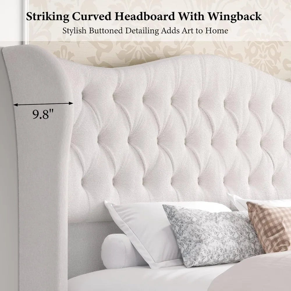 King Size Chenille Upholstered Sleigh Bed Frame with Wingback Headboard