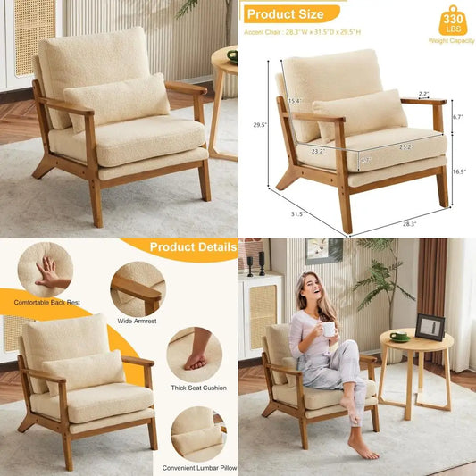 Mid-Century Modern Lounge Chair Teddy Fleece Upholstery Solid Wood Frame