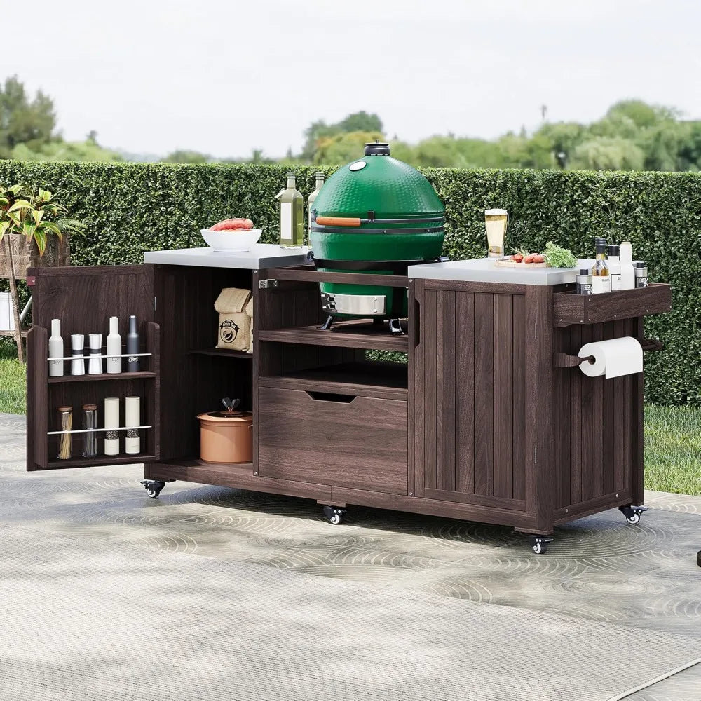 Outdoor Kitchen Island Big Green Egg Grill Table Solid Wood Rolling