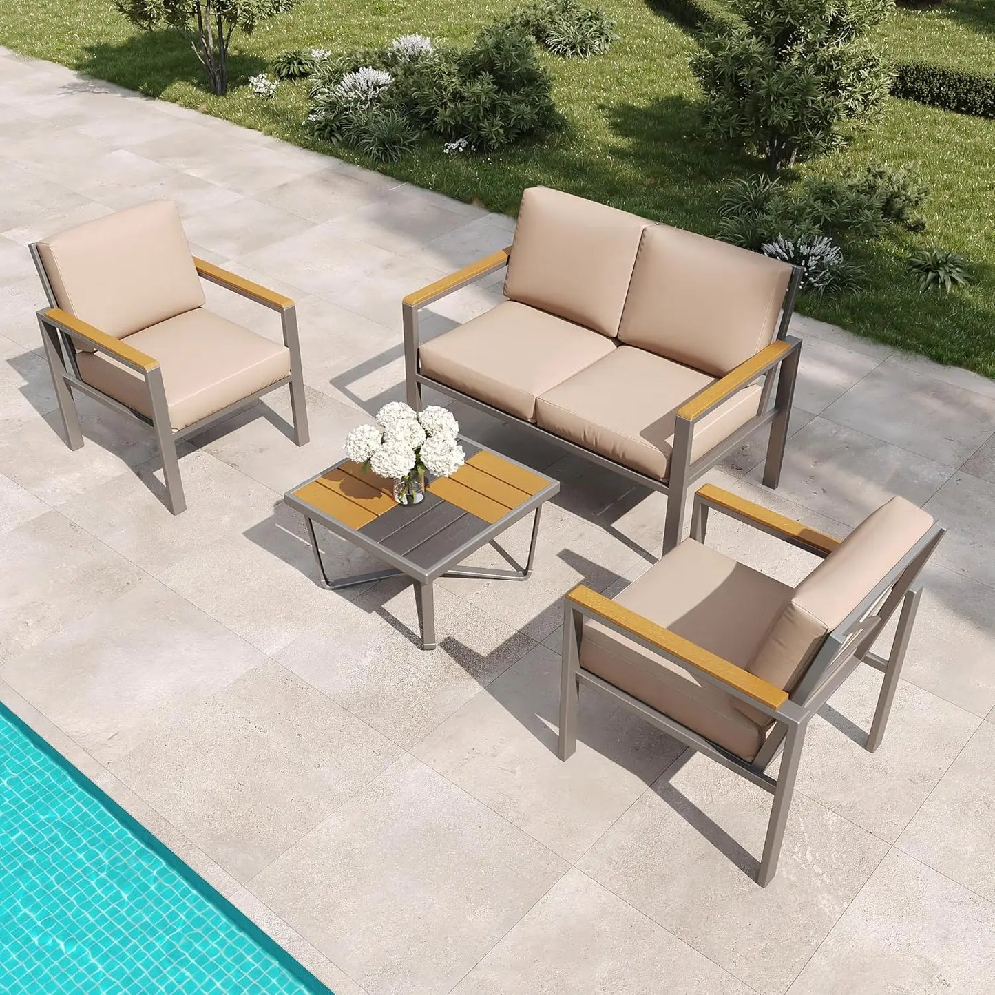 Ljustra 5-Piece Modern Patio Furniture Set with Fire Pit Table and Cushions
