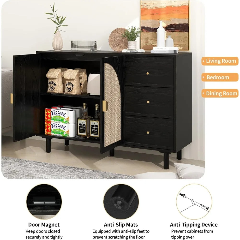 Sideboard Buffet Cabinet Storage Rattan 2 Door 3 Drawer Modern Dresser