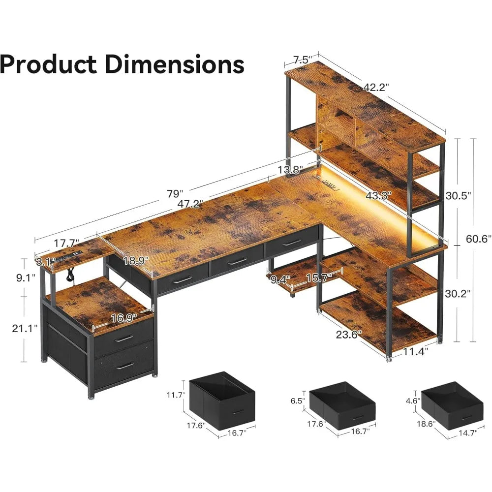 L Shaped Desk with File Drawers Reversible Gaming Desk with Power Outlets