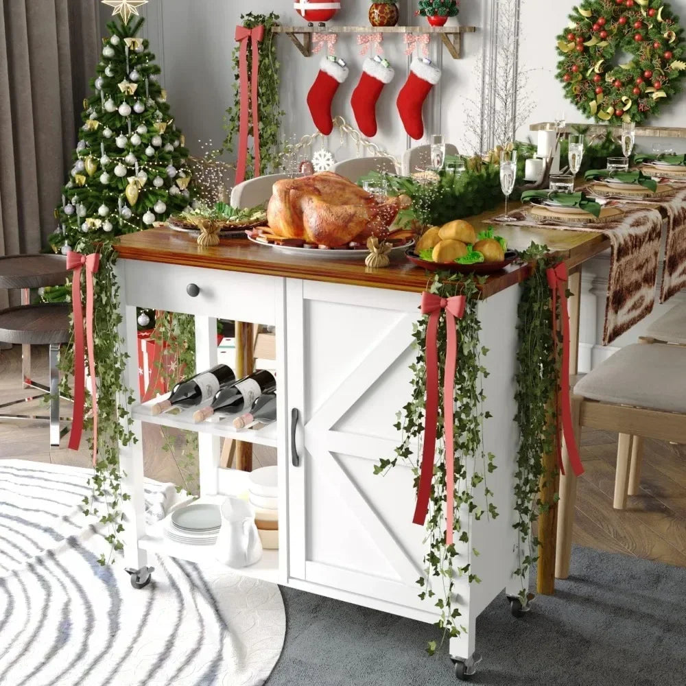 Kitchen Island Cart Farmhouse Style Storage Drawer Wine Rack Microwave Stand