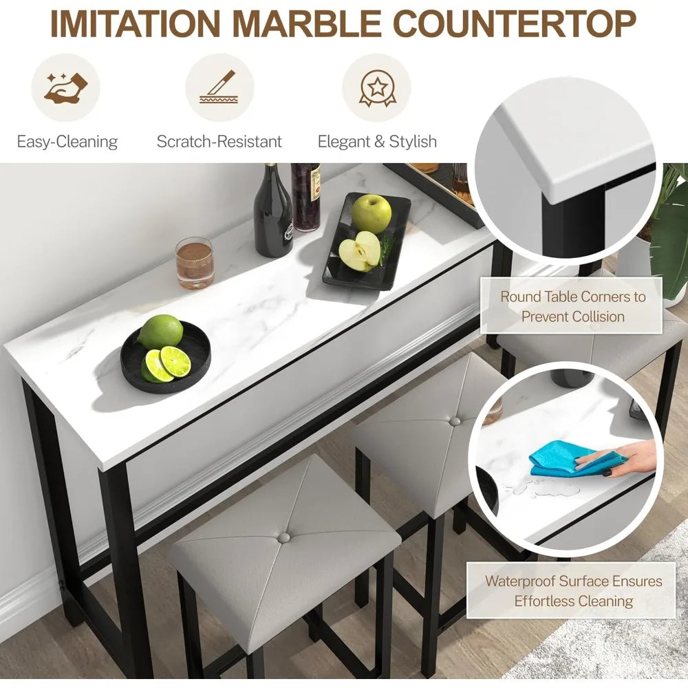 Bar Table Set for 3 Faux Marble Rectangular Dining Set with Stools