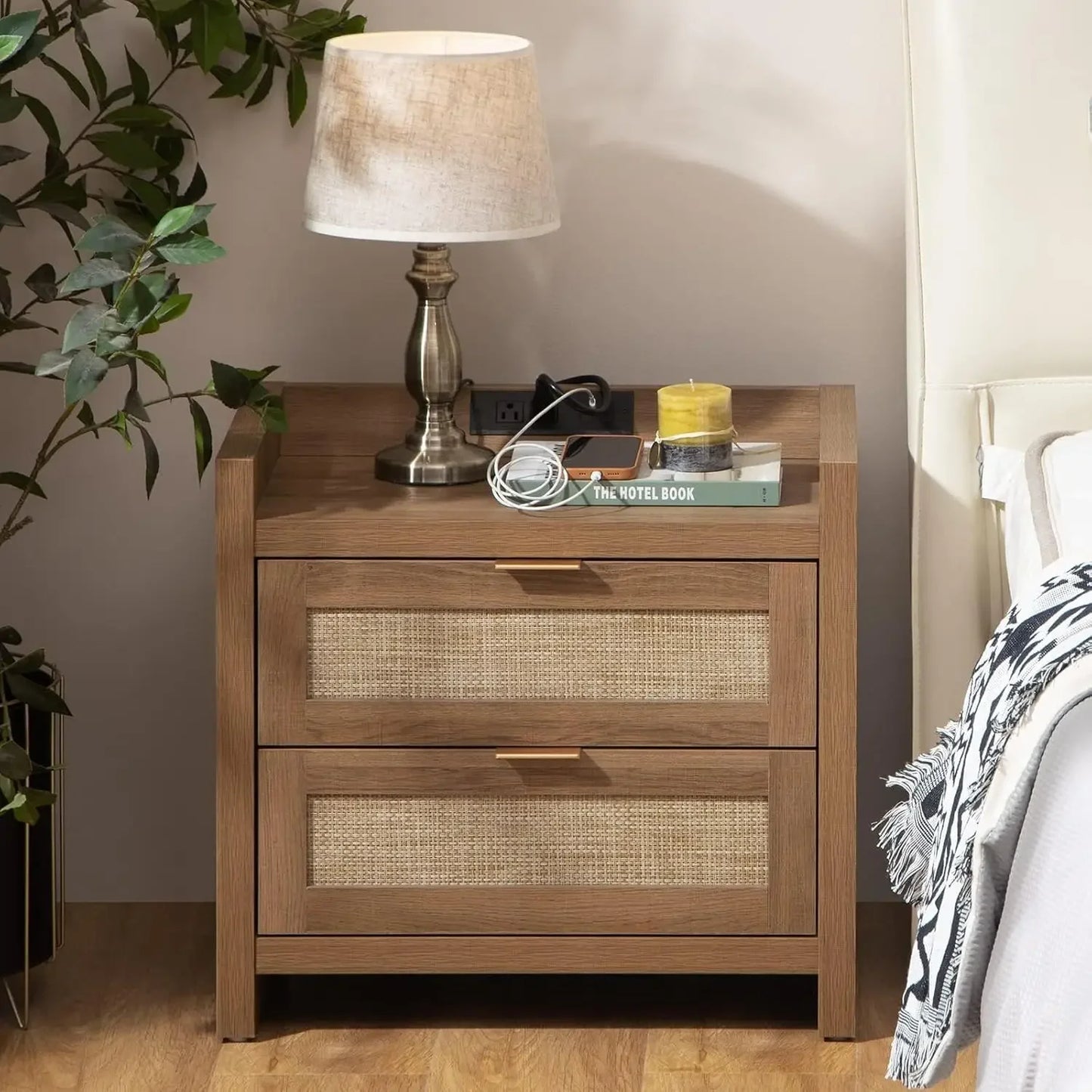 Rattan Nightstand with Type-C Charging Station 2 Drawers Storage