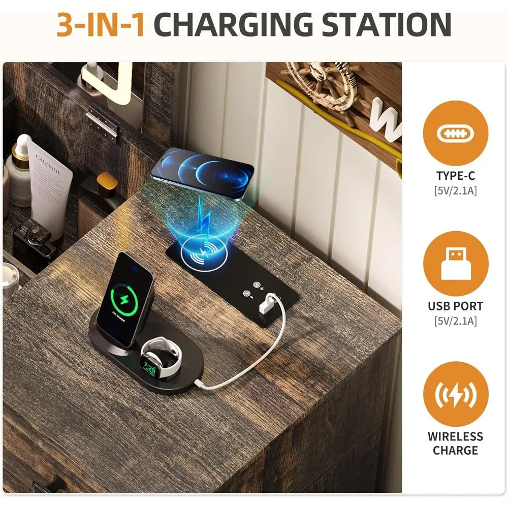 3-in-1 Vanity Desk with LED Lights and Mirror Compact Makeup Table