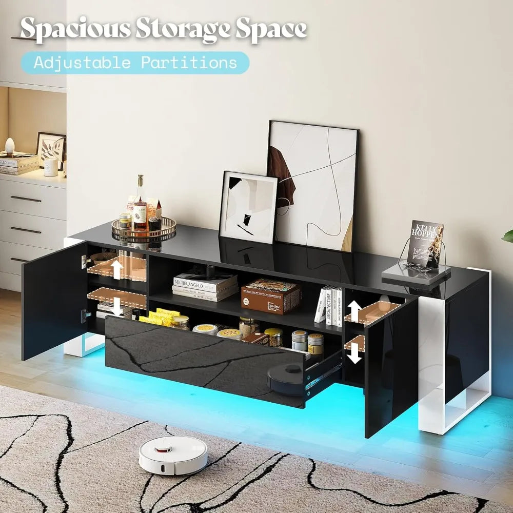 Modern 70 Inch TV Stand with LED Lights High Gloss Entertainment Center