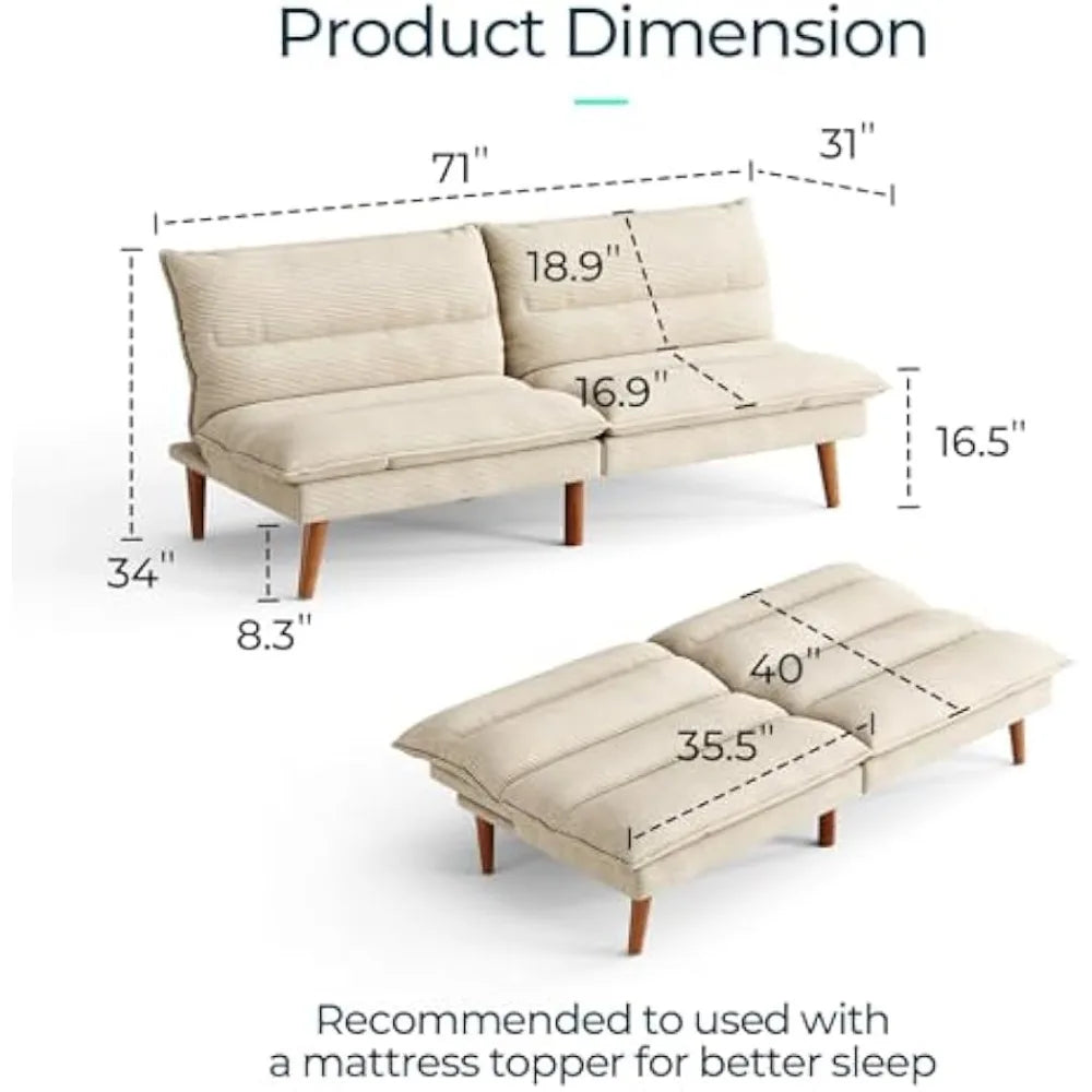 Ljustra 71 Inch Corduroy Futon Sofa Bed Adjustable Backrest Convertible