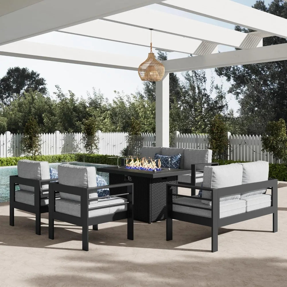 Aluminum Patio Furniture Set with Fire Pit Table 5 Pieces Modern Sofa