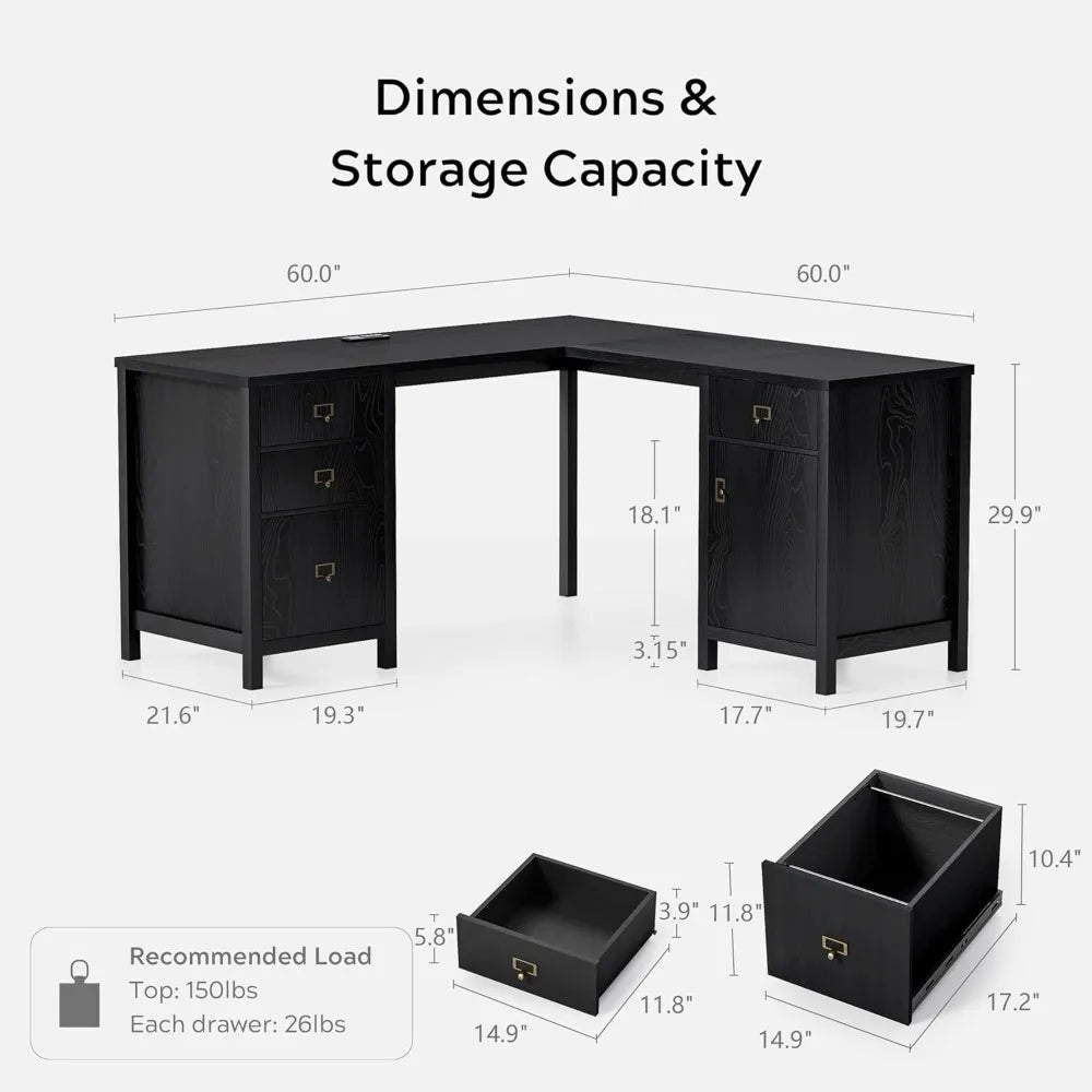 L Shaped Desk with Drawers Storage File Cabinet for Home Office