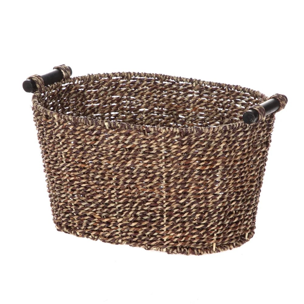 Oval Seagrass Storage Basket with Wooden Handles for Home Organization
