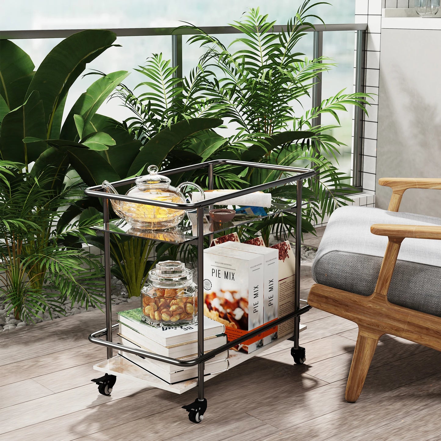Luxury Modern Rolling Bar Cart 2-Tier Serving Cart with Lockable Wheels