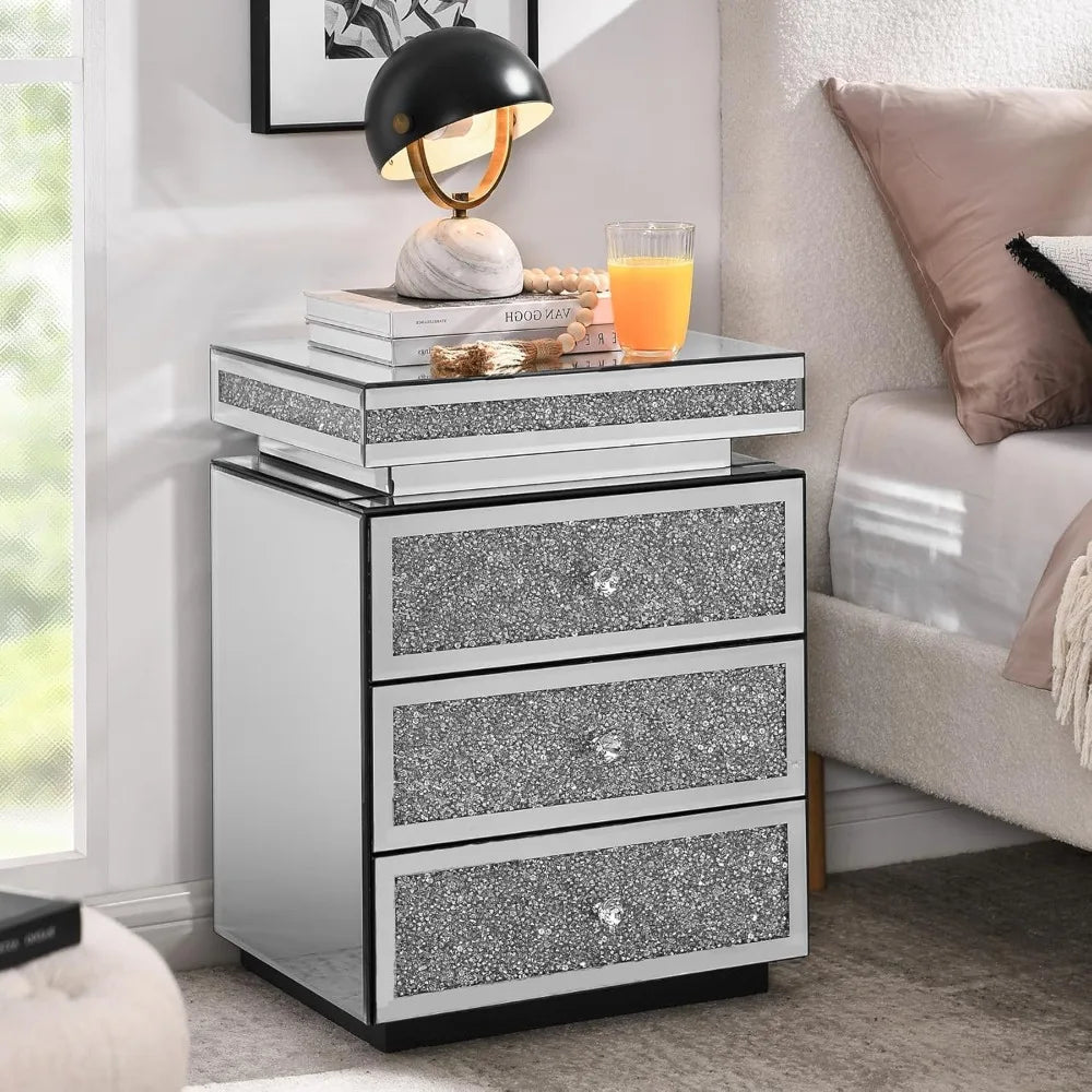Luxury Crystal Mirrored Nightstand Bedside Cupboard Modern Furniture