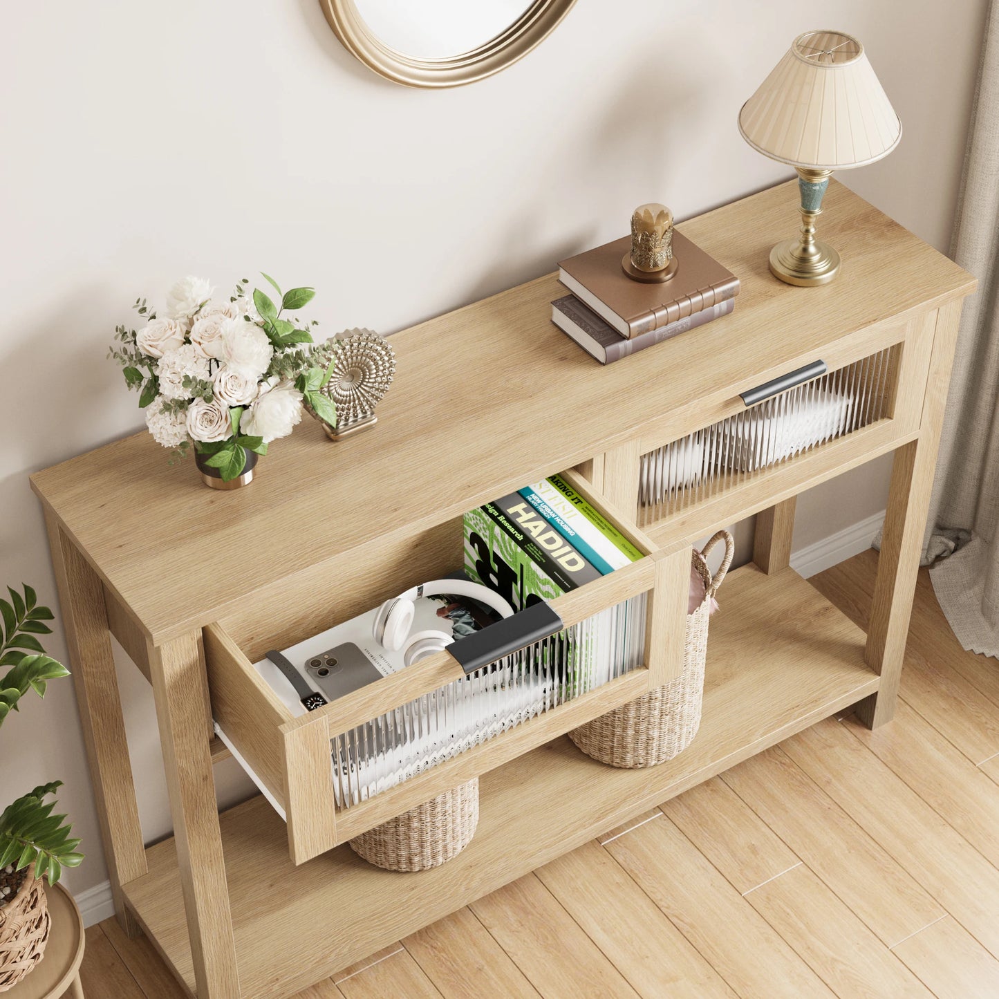 Entryway Table Sofa Table with Glass Drawers Console Table for Living Room