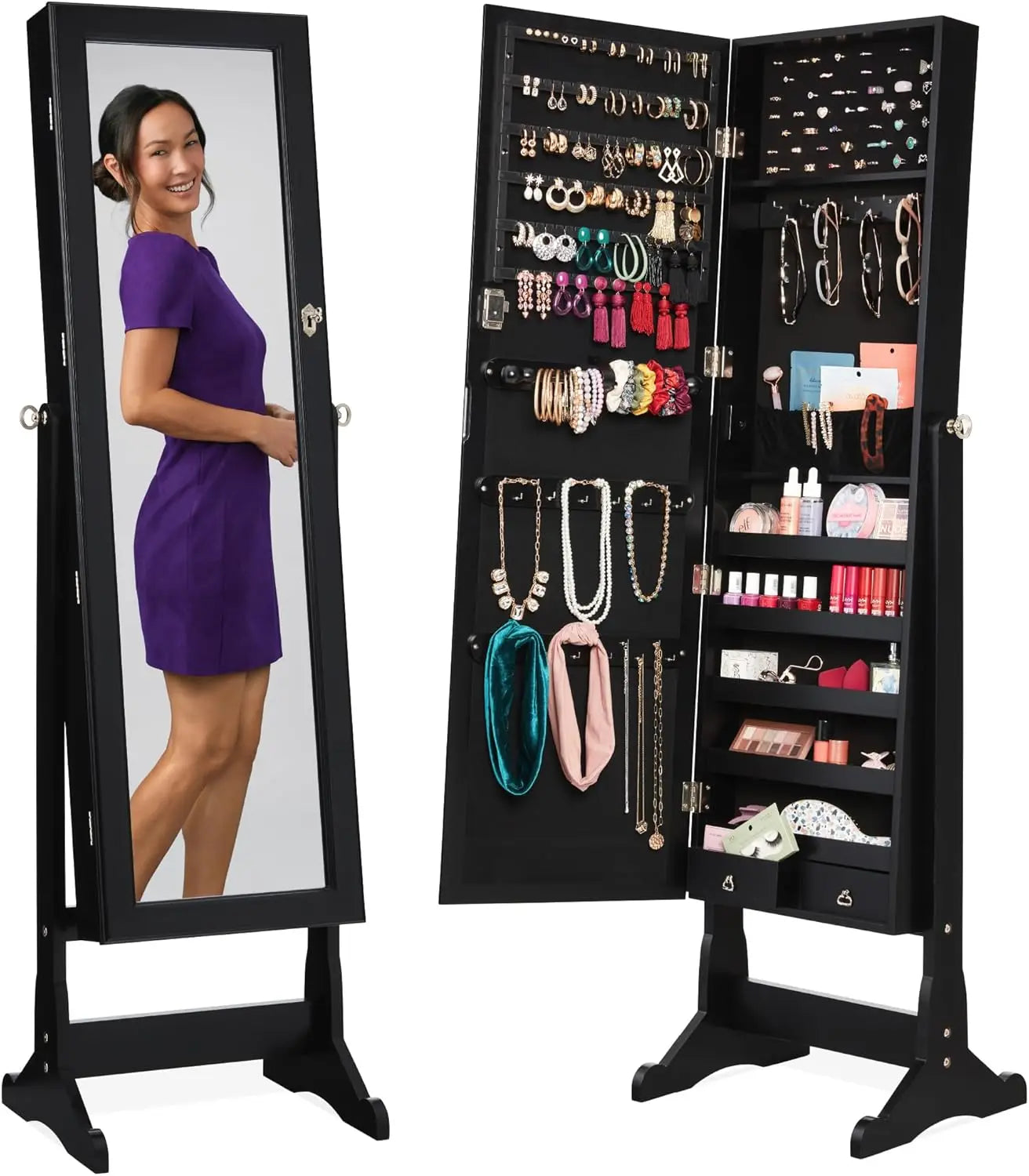 Freestanding Jewelry Armoire Cabinet Full Length Mirror Makeup Organizer