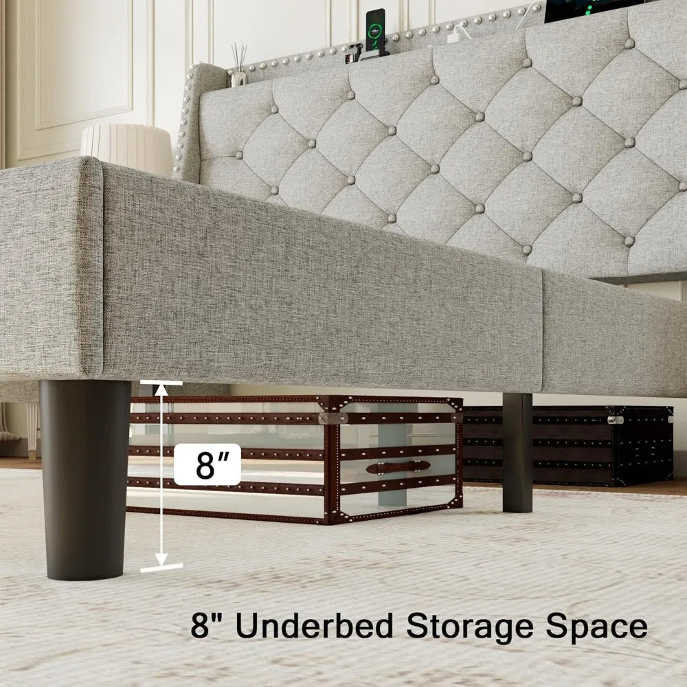 Full Size Bed Frame Wingback Tufted Storage Headboard with AC Ports