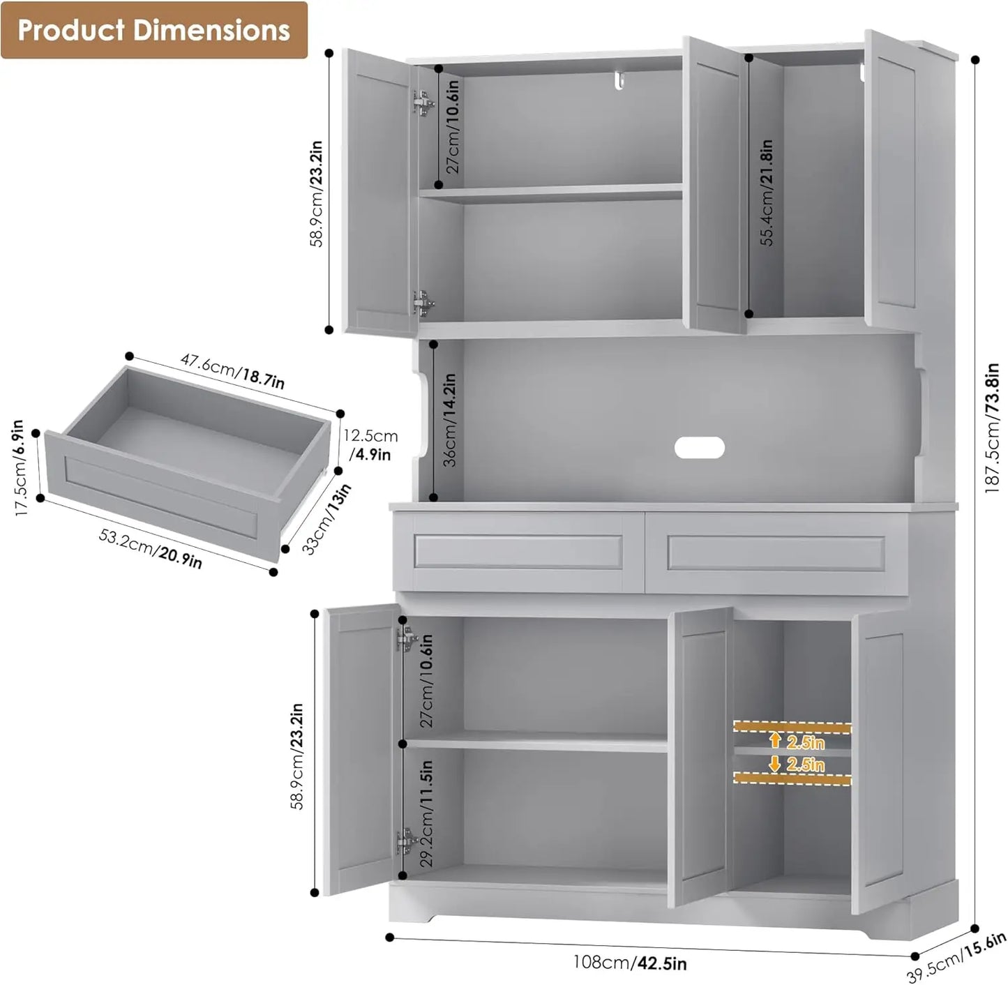74 Inch Tall Kitchen Pantry Cabinet with 6 Doors and 2 Drawers