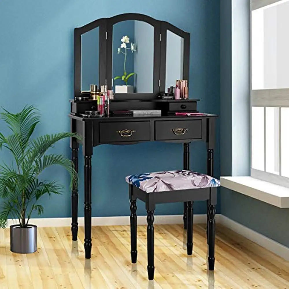 Makeup Vanity Set Writing Desk Trifold Mirror Stool Organizer Wood Retro