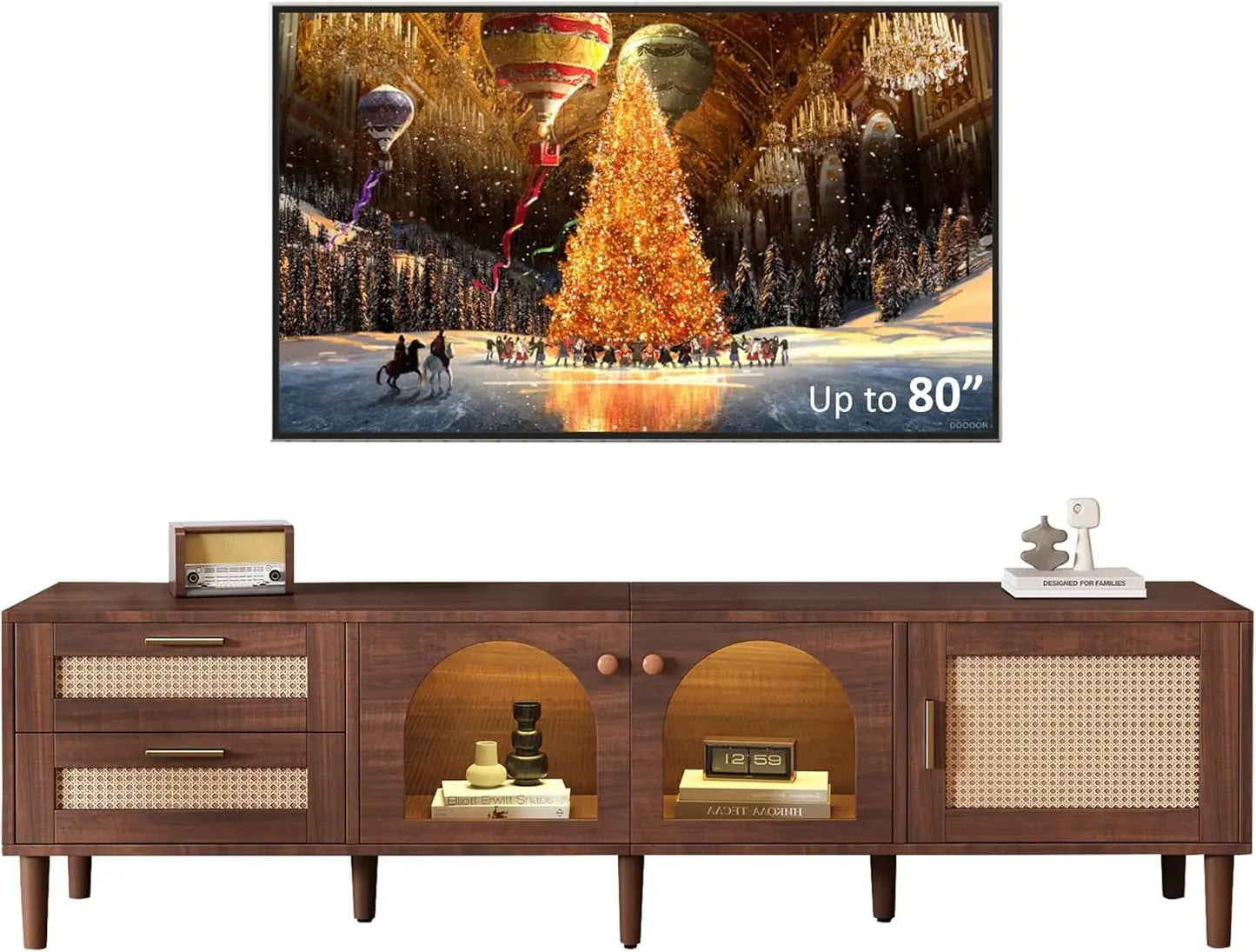 Rattan TV Stand LED Lights 70" Entertainment Center 3 Cabinets 2 Drawers