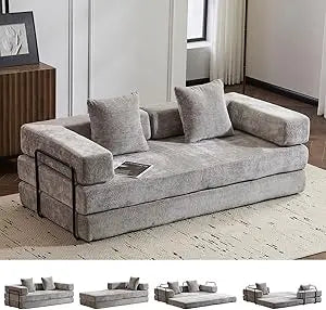 4-in-1 Foldable Corduroy Sofa Bed, Convertible Sleeper Couch, Dark Grey