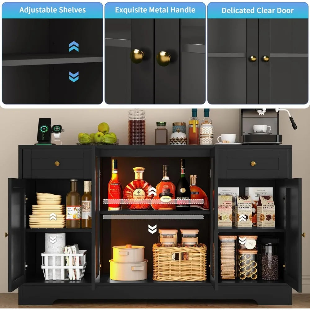 55 Inch Large LED Buffet Cabinet with Adjustable Shelves Charging Station