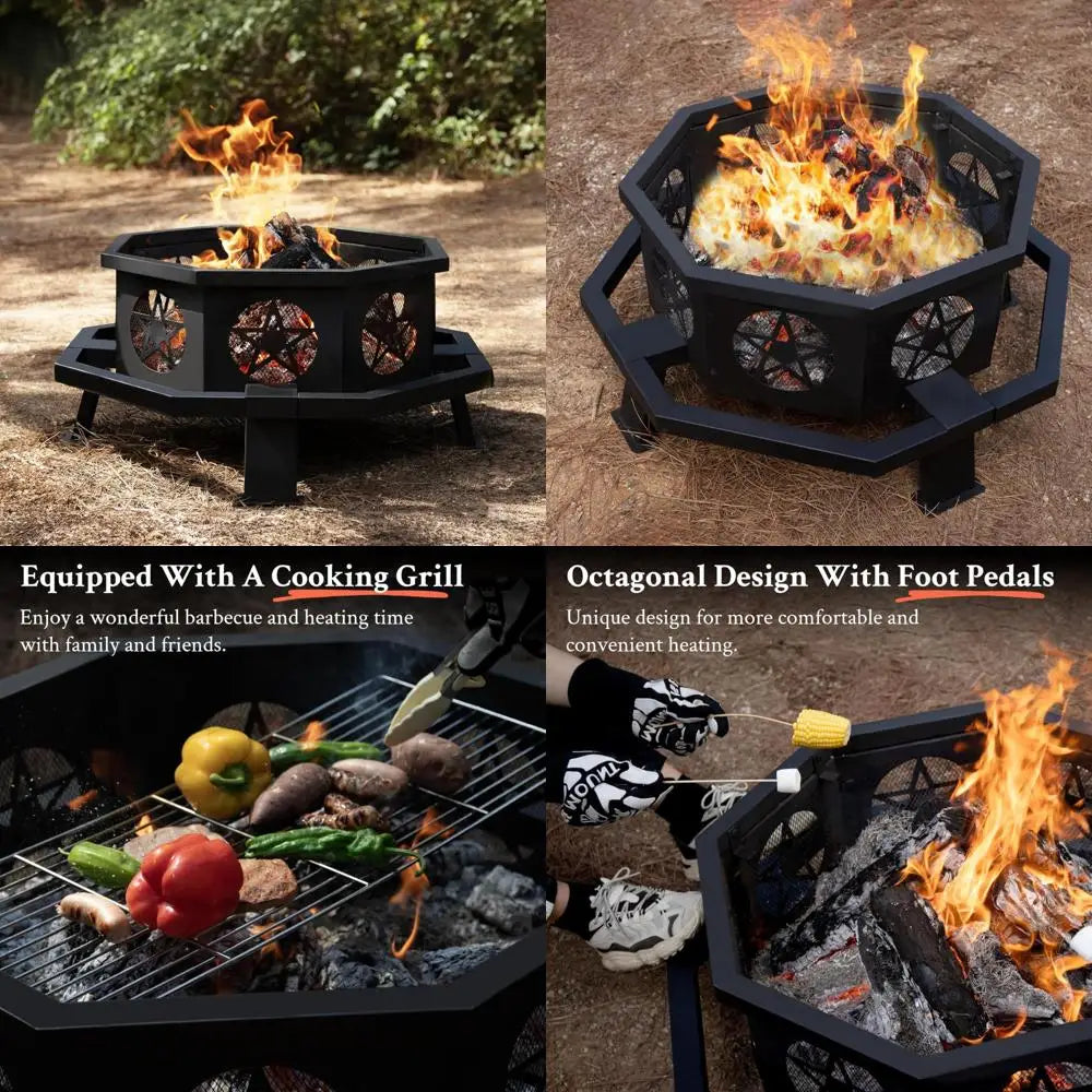 Ljustra 35 Inch Octagonal Fire Pit with Grill Outdoor Wood Burning