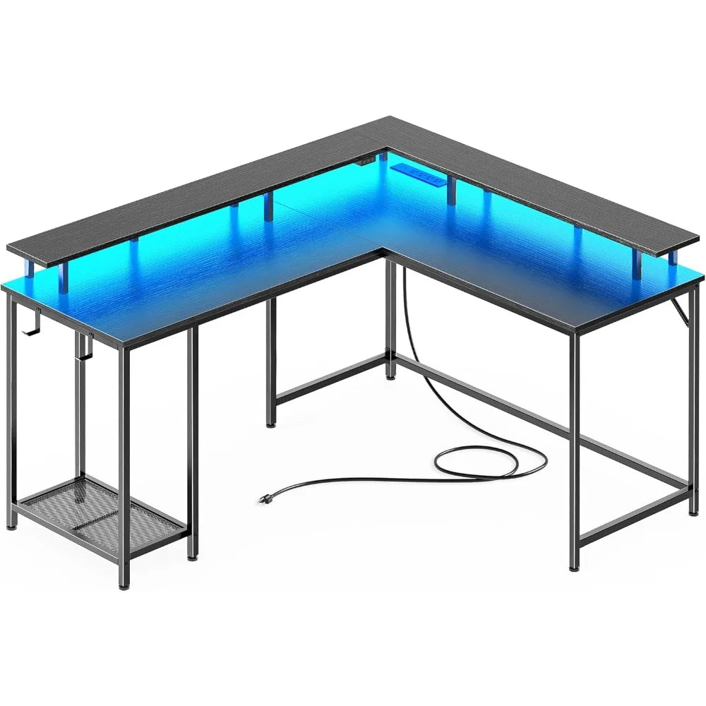 L Shaped Gaming Desk with LED Lights Power Outlets Modern Design