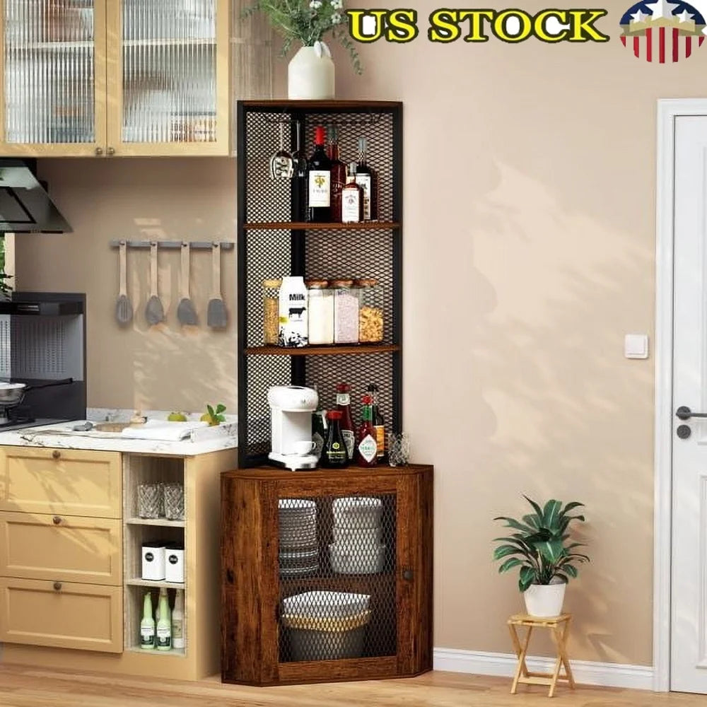 Corner Shelf Cabinet with Doors 65 Inch Freestanding Wine Glass Rack