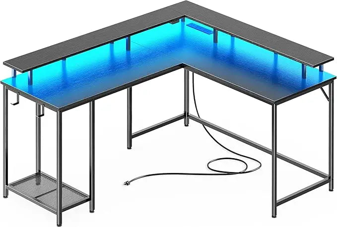 L Shaped Gaming Desk with LED Lights Power Outlets Modern Design