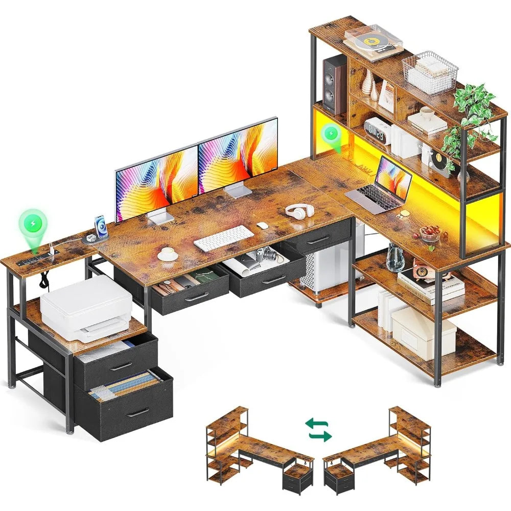L Shaped Desk with File Drawers Reversible Gaming Desk with Power Outlets
