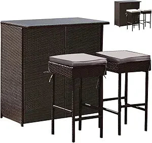 Ljustra 3 Piece Patio Bar Set Outdoor Rattan Table and Stools with Storage