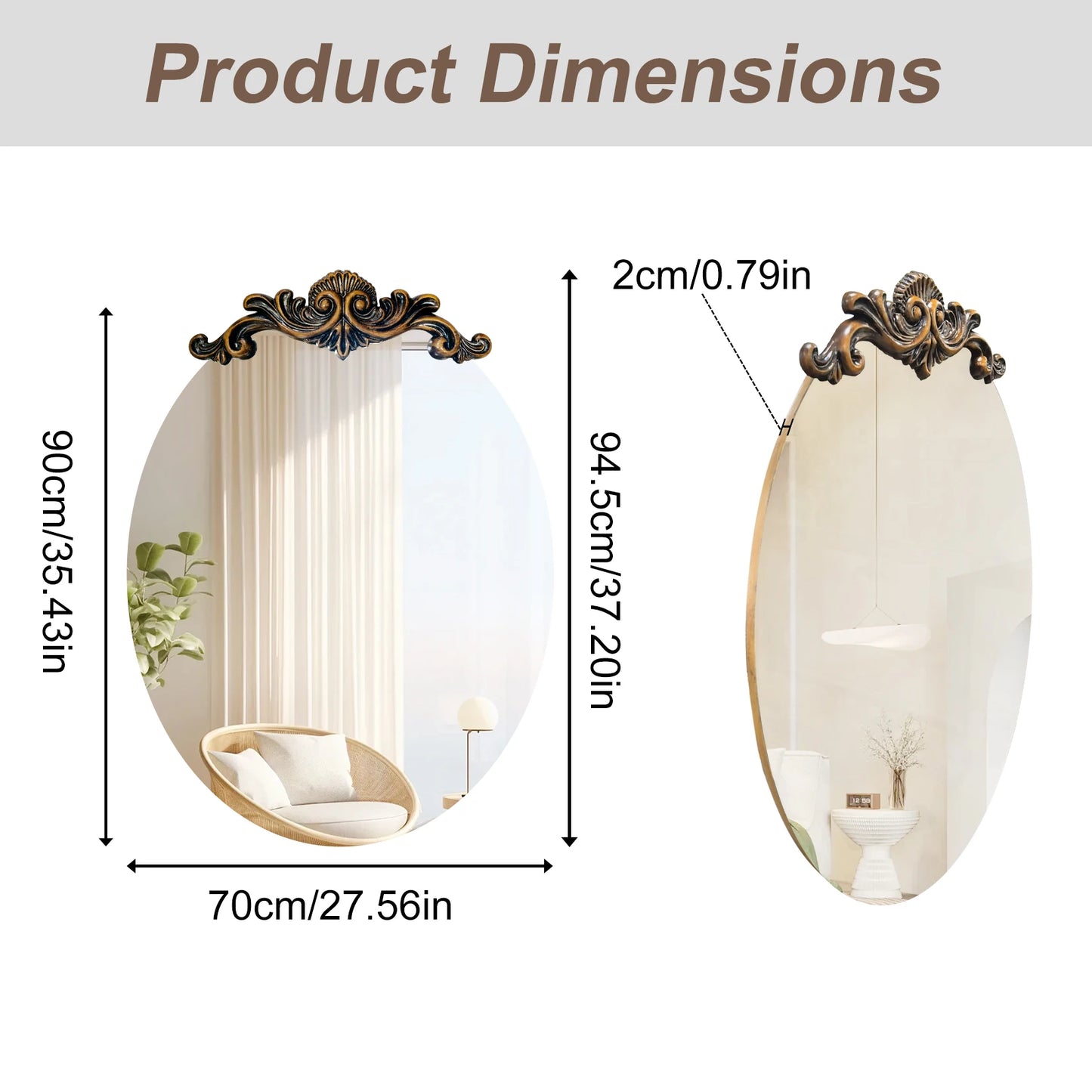 Oval Vintage Baroque Mirror 50/60/70CM Antique Frame Glam Wall Decor