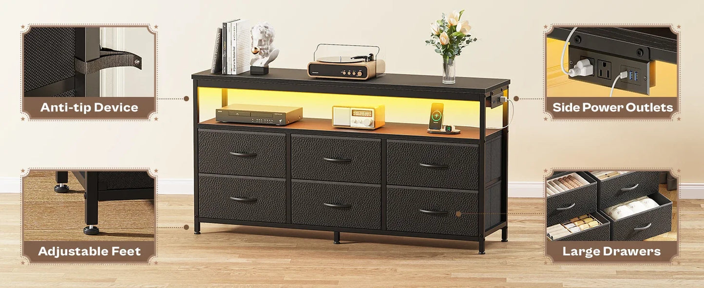 LED TV Stand 47 Inch Fabric Dresser with Power Outlets and 6 Drawers
