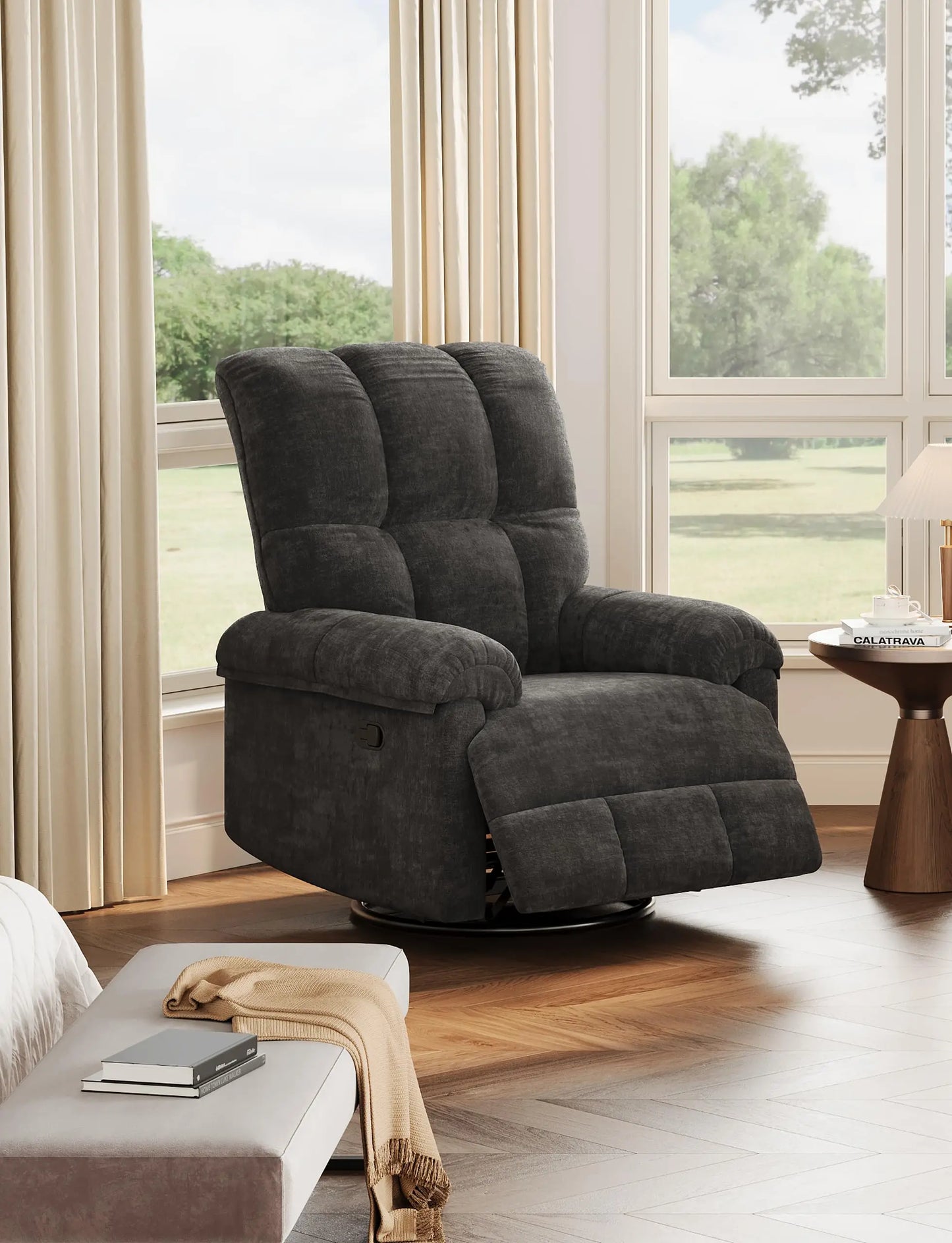 Oversized Recliner Chair Soft Chenille Swivel Rocker for Nursery Living Room