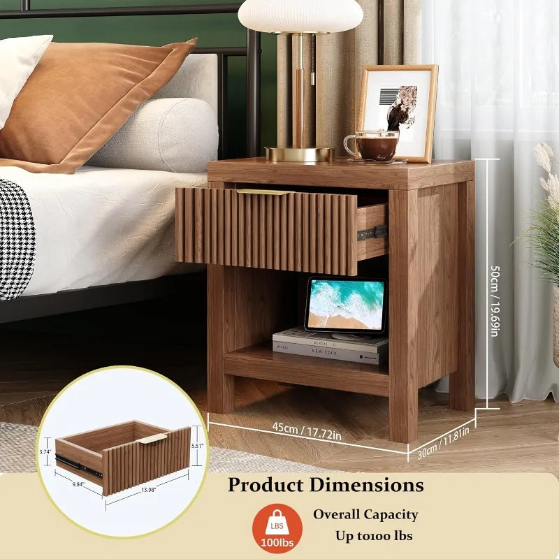 Nightstand Set of 2 Modern Bedside Table with Storage Fluted Cabinet