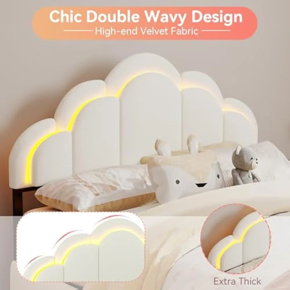 Full Upholstered LED Bed Frame with Storage Drawers and Wavy Headboard