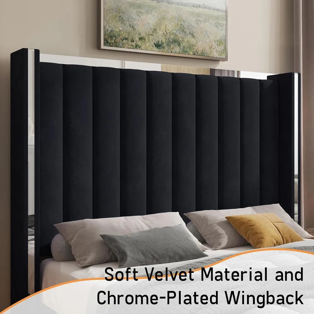 Jocisland King Size Velvet Bed Frame with Tall Headboard and Tufting